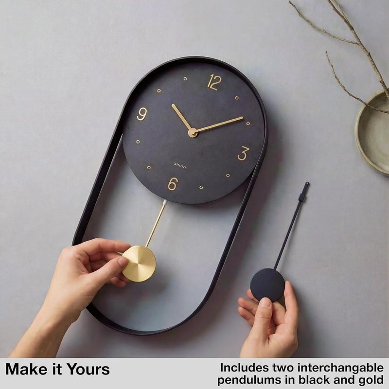 Driini Modern Pendulum Wall Clock - Decorative and Unique Metal Frame, with 8 Inch Face - Contemporary, Minimalist Design, with Silent Battery Operation - includes Both Black and Gold Pendelum - Image 2