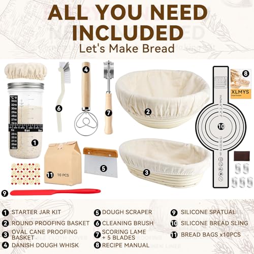 XLMYS Sourdough Starter Kit - Banneton Proofing Basket 9 Inch Round & 10 Oval, Complete Sourdough Bread Baking Supplies with Starter Jar, Bread Sling, Lame, Danish Dough Whisk, Bags - Image 2