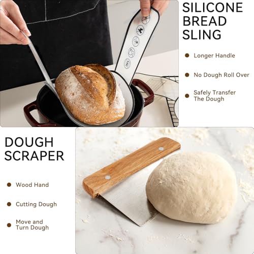 XLMYS Sourdough Starter Kit - Banneton Proofing Basket 9 Inch Round & 10 Oval, Complete Sourdough Bread Baking Supplies with Starter Jar, Bread Sling, Lame, Danish Dough Whisk, Bags - Image 5