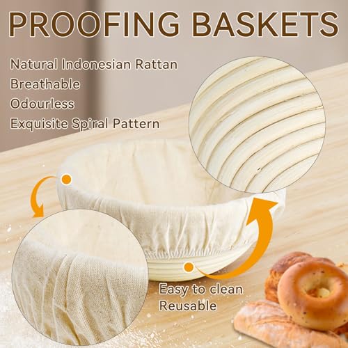 XLMYS Sourdough Starter Kit - Banneton Proofing Basket 9 Inch Round & 10 Oval, Complete Sourdough Bread Baking Supplies with Starter Jar, Bread Sling, Lame, Danish Dough Whisk, Bags - Image 3