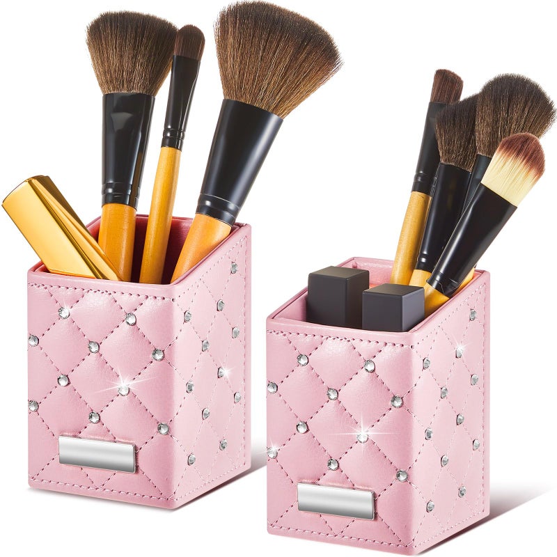ReliThick 2 Pcs Pink Makeup Brush Holder Crystal Bling Brushes Cup PU Leather Waterproof Glitter Makeup Holder for Women Travel Cosmetic Storage Organizer Dresser Vanity Accessories