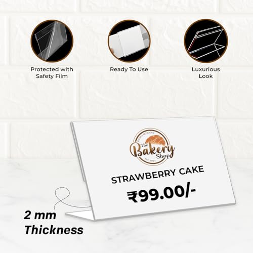 Printodelivery L-Shape Acrylic Price Tag Holder (4x2.5 Inch) – Acrylic Sign Holder, Premium Table Display Label, Price Tag & Name Card Holder for Bakery Counters, Buffets, Shops, Restaurants, and Supermarkets (Pack of 10) - Image 4