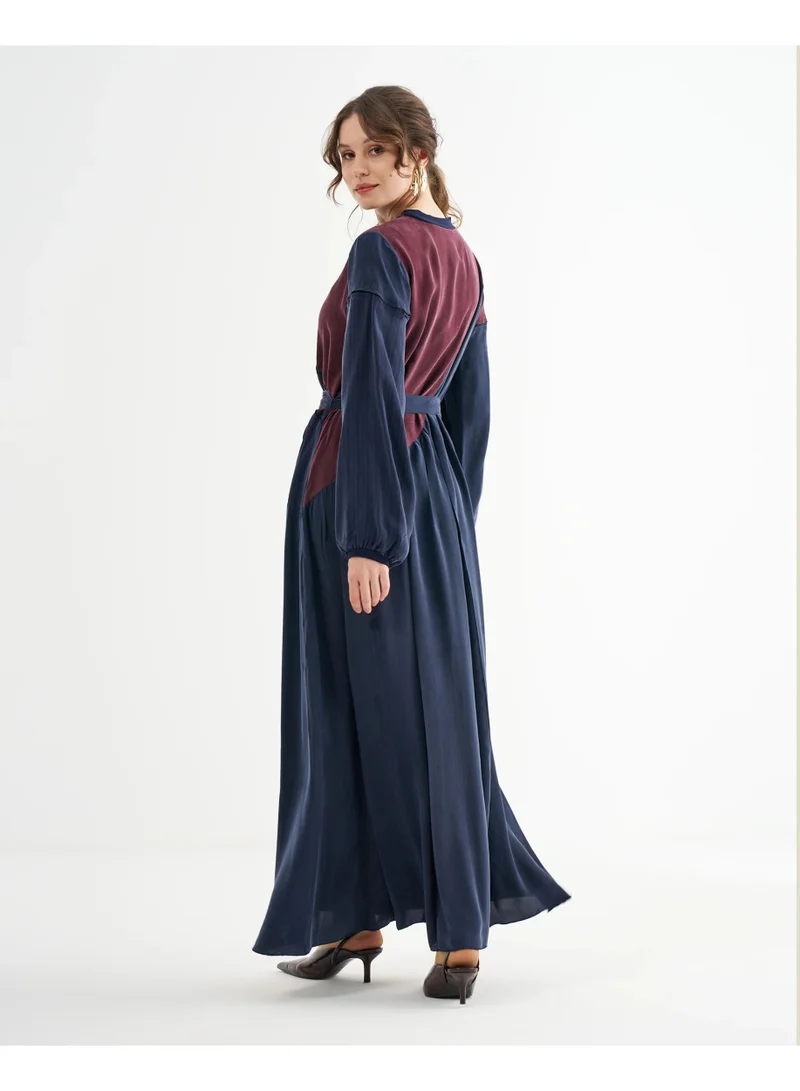 MissWhence Blue Patchwork Belted Maxi Dress, Navy Blue/Burgundy for Women | Best Price UAE