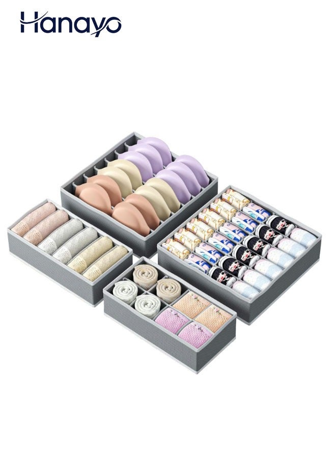 Hanayo 4 قطع منظم أدراج الخزانة القابلة للطي للملابس الداخلية والصدرية صناديق تخزين من القماش غير المنسوجة فواصل للأحذية والجوارب والملابس الداخلية والرباطات والملابس (رمادي) - Image 1