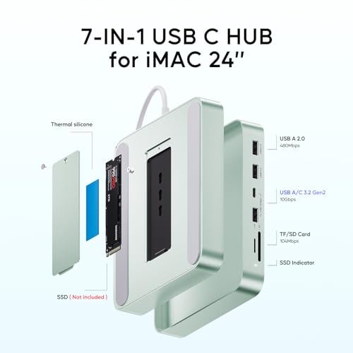 PULWTOP USB C HUB for iMac 24 inch 2021/2023/2024, USB Hub Adapter iMac Accessories for iMac M1/M3/M4 with USB C 10Gbps 3*USB A SD/TF, Docking Station Support Expand M.2 SSD (Not Included), Green - Image 3