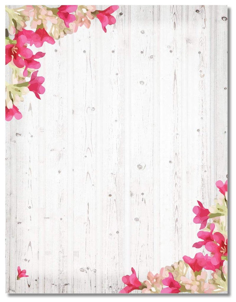 Gray Wood Rustic Stationery - 8.5 x 11-60 Letterhead Sheets - Rustic Letterhead (Barnwood & Flowers)
