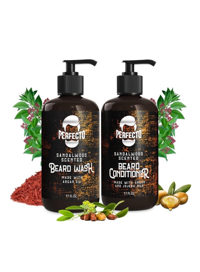 Perfecto Beard Wash & Beard Conditioner Set with Argan and Jojoba Oils - Strengthens and Softens - Natural Sandalwood Scent - Image 1
