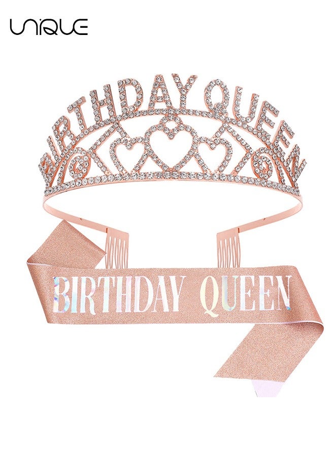 Unique Birthday Crowns for Women,  Rose Gold Birthday Sash & Queen Rhinestone Tiara Kit, Tiaras and Crowns for Women Birthday Tiara for Women Girls Birthday Girl Crown for Gift Party Cake Toppers  - Image 1