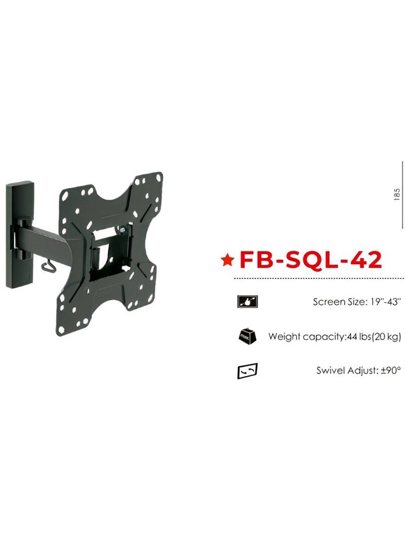 حامل تثبيت على الحائط للتلفزيون عالي التحمل FB-SQL-42 مع دوران كامل الحركة وإمالة للشاشات مقاس 19 بوصة - 43 بوصة، سعة 44 رطلًا (20 كجم) - حل تركيب مرن وصغير الحجم