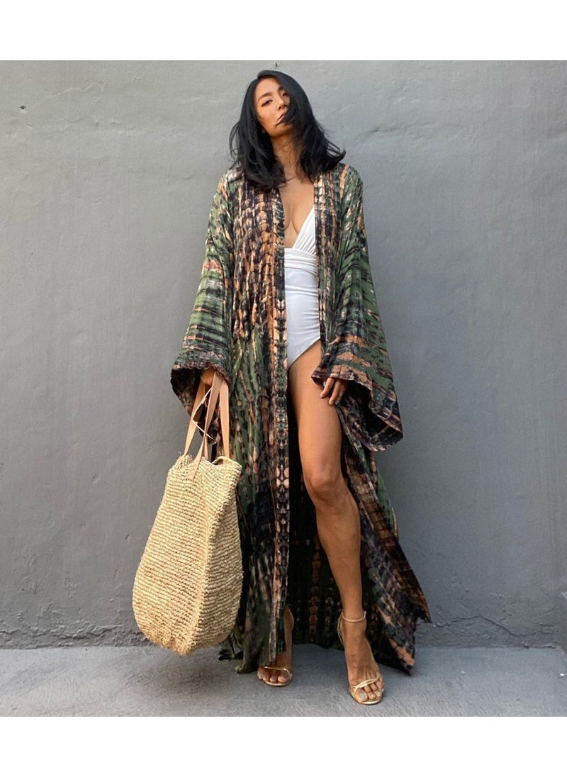Generic New Bohemian Cotton Print Cardigan Bikini Cover-Up ZS1793-14 Army Green 