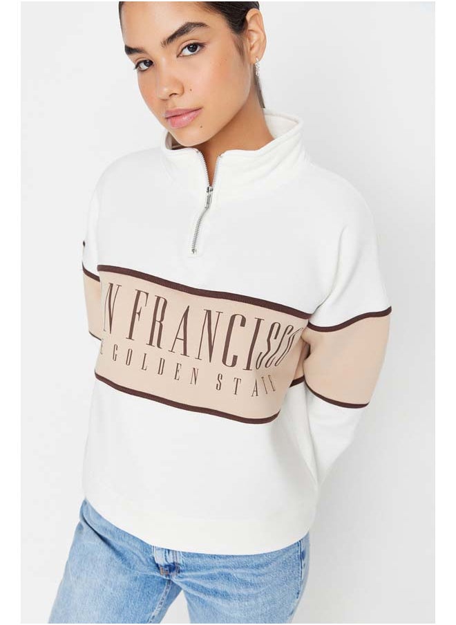 trendyol - Ecru Basic Printed Fleece Knitted Sweatshirt TWOAW23SW00117 - Image 1