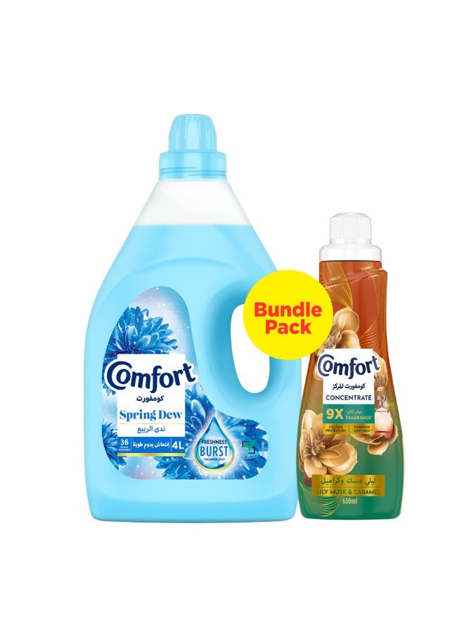 Comfort Spring Dew Dilute Fabric Softner 4L + Concentrate Lily Musk & Caramel 650ml Combo 4L + 650ml - Image 1