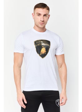 Men Crew Neck Short Sleeves Brand Logo T-Shirt, White