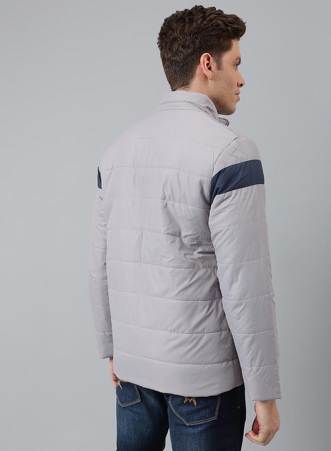 Dennis Lingo Grey Regular Fit Men's Striped Mock Neck Polyester Jacket with Zipper Closure  - Image 2