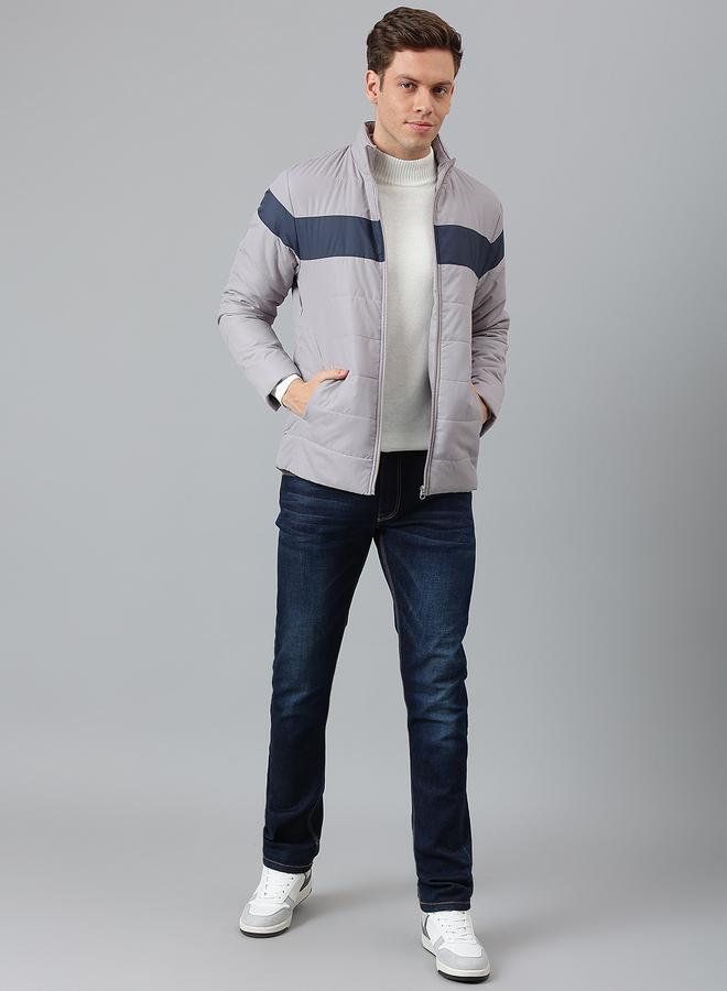 Dennis Lingo Grey Regular Fit Men's Striped Mock Neck Polyester Jacket with Zipper Closure  - Image 1