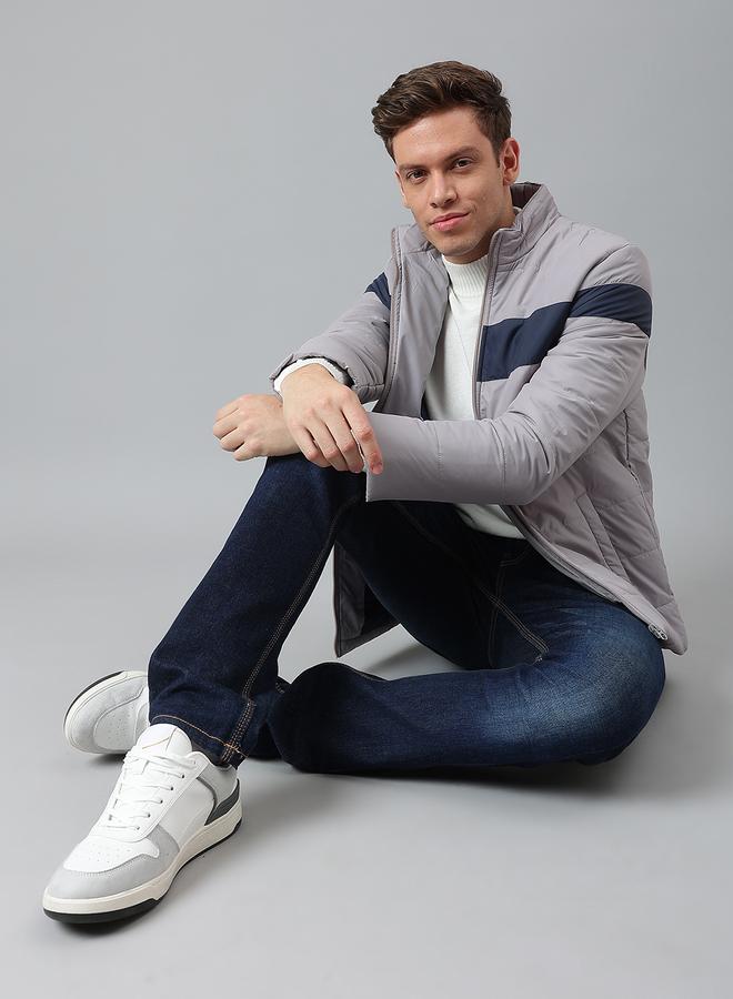 Dennis Lingo Grey Regular Fit Men's Striped Mock Neck Polyester Jacket with Zipper Closure  - Image 5