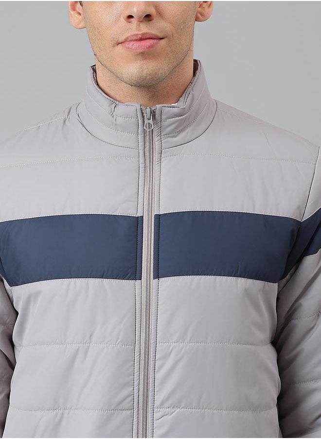 Grey Regular Fit Men's Striped Mock Neck Polyester Jacket with Zipper Closure - pzsku/Z2DCC2E83C9226A80183CZ/45/_/1725724965/bc0b8858-4e31-4b7d-9f5f-9d3bb1c0a6dd