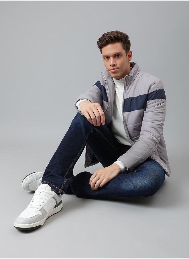 Grey Regular Fit Men's Striped Mock Neck Polyester Jacket with Zipper Closure - pzsku/Z2DCC2E83C9226A80183CZ/45/_/1725725261/8485bd52-58fa-42b8-a816-cac955ae67a3