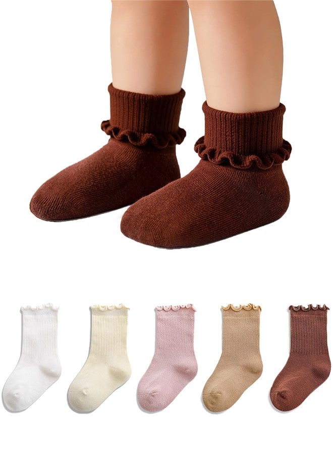 Funjoon 6M-5T Toddler Little Girls Cute Ruffle Socks Cotton Toddler White Frilly Dress Kids Crew Socks 5 Pack, Brown Mix 1-3T - Image 1