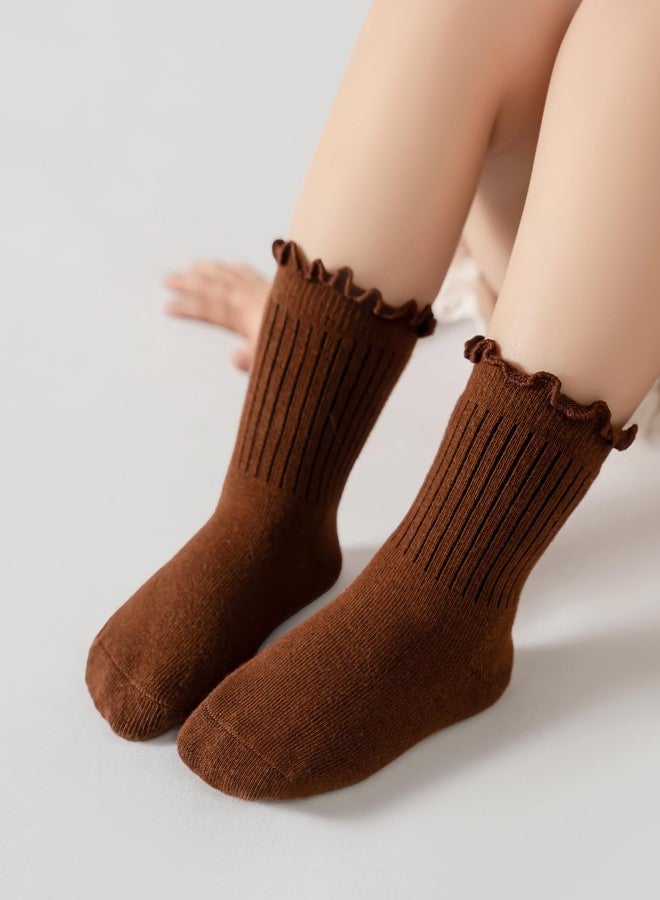 Funjoon 6M-5T Toddler Little Girls Cute Ruffle Socks Cotton Toddler White Frilly Dress Kids Crew Socks 5 Pack, Brown Mix 1-3T - Image 4