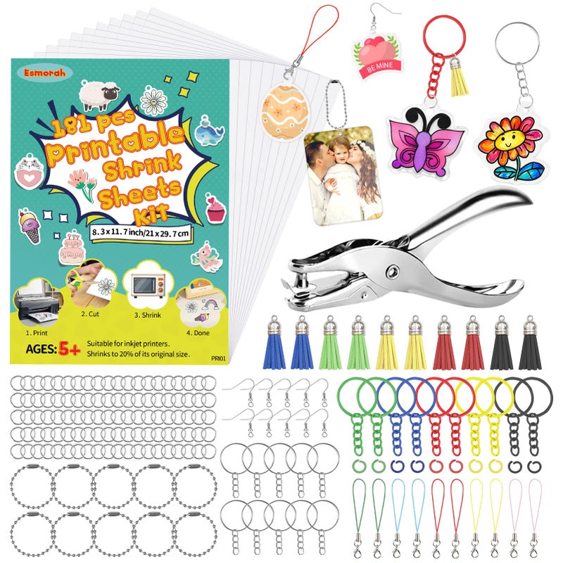 Esmorah 181 Pcs Printable Shrink Dink Sheets Kit, 10 Pcs A4 Semitransparent Plastic Shrink Dink Papers for Back-to-School, Valentineâ€™s Day, Easter Ornaments & Gifts, Adults & Kids DIY Keychain Making Crafts - Image 1