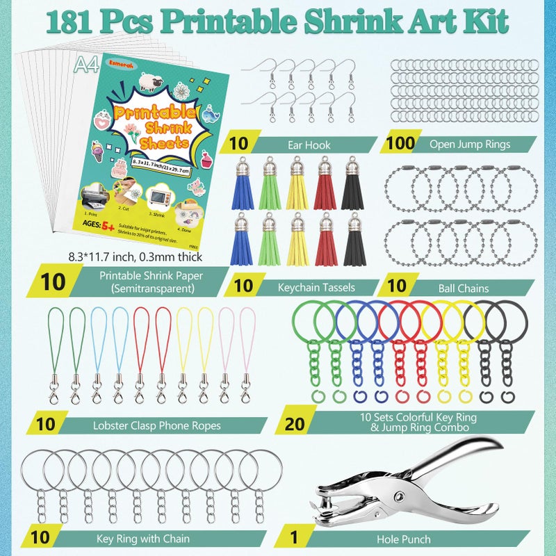 Esmorah 181 Pcs Printable Shrink Dink Sheets Kit, 10 Pcs A4 Semitransparent Plastic Shrink Dink Papers for Back-to-School, Valentineâ€™s Day, Easter Ornaments & Gifts, Adults & Kids DIY Keychain Making Crafts - Image 2