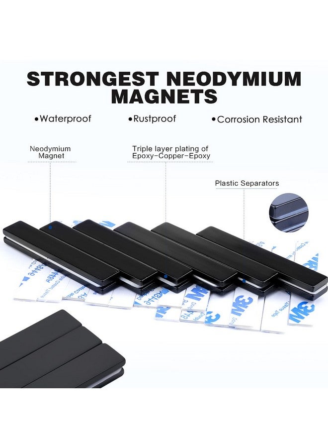 MIKEDE Black Rare Earth Neodymium Magnets, 6 Pack Strong Heavy Duty Bar Magnets with Double-Sided Adhesive, Powerful Pull Force, Perfect for Garage, Kitchen, Science, Craft, Office - 60 x 10 x 3 mm - Image 1