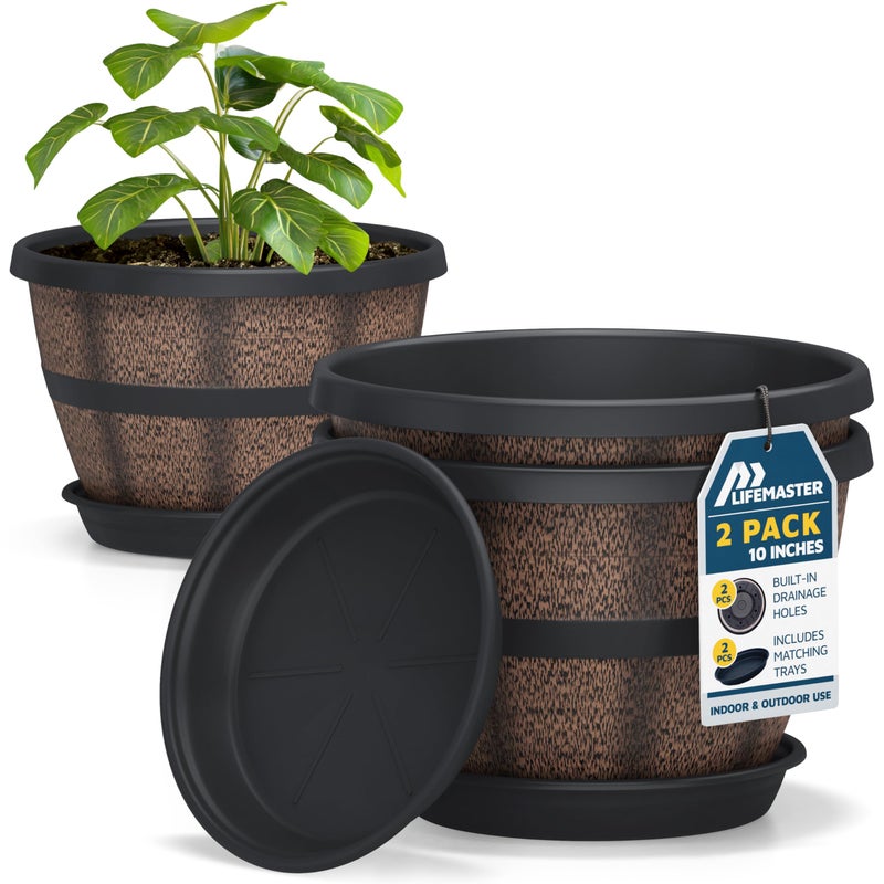 LifeMaster 10-Inch Whiskey Barrel Planters Outdoor Pack of 2 - Durable Plastic Plant Pots for Indoor & Outdoor Use with Drainage & Saucer, Lightweight Rustic Barrel Planters for Flowers, Herbs & Small Plants - Image 1