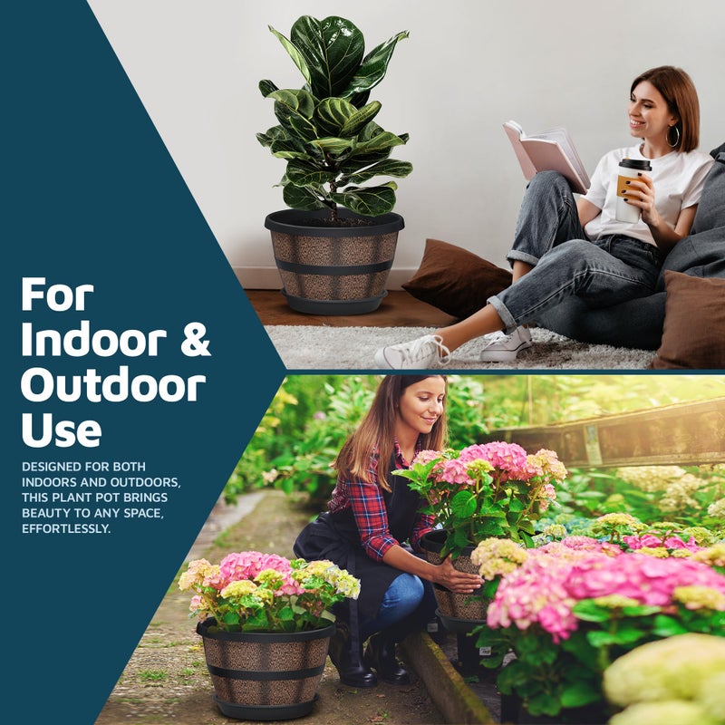 LifeMaster 10-Inch Whiskey Barrel Planters Outdoor Pack of 2 - Durable Plastic Plant Pots for Indoor & Outdoor Use with Drainage & Saucer, Lightweight Rustic Barrel Planters for Flowers, Herbs & Small Plants - Image 3