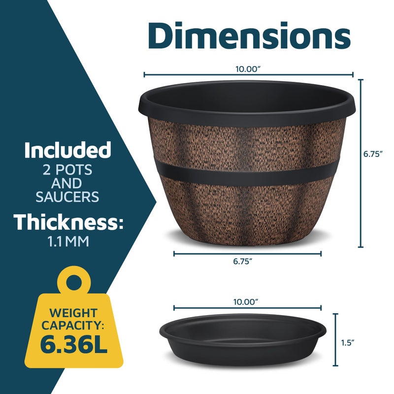 LifeMaster 10-Inch Whiskey Barrel Planters Outdoor Pack of 2 - Durable Plastic Plant Pots for Indoor & Outdoor Use with Drainage & Saucer, Lightweight Rustic Barrel Planters for Flowers, Herbs & Small Plants - Image 2