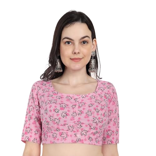 JISB Women's High Neck Cotton Printed Saree Blouse (42, Pink) - Image 1