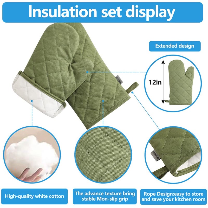 M MIAOYAN Oven Mitts and Pot Holders 4 pcs Set High Heat Resistant 500 Degree Extra Thicken Long Kitchen Cotton Oven Glove for Cooking (12 Inch Green) - Image 4