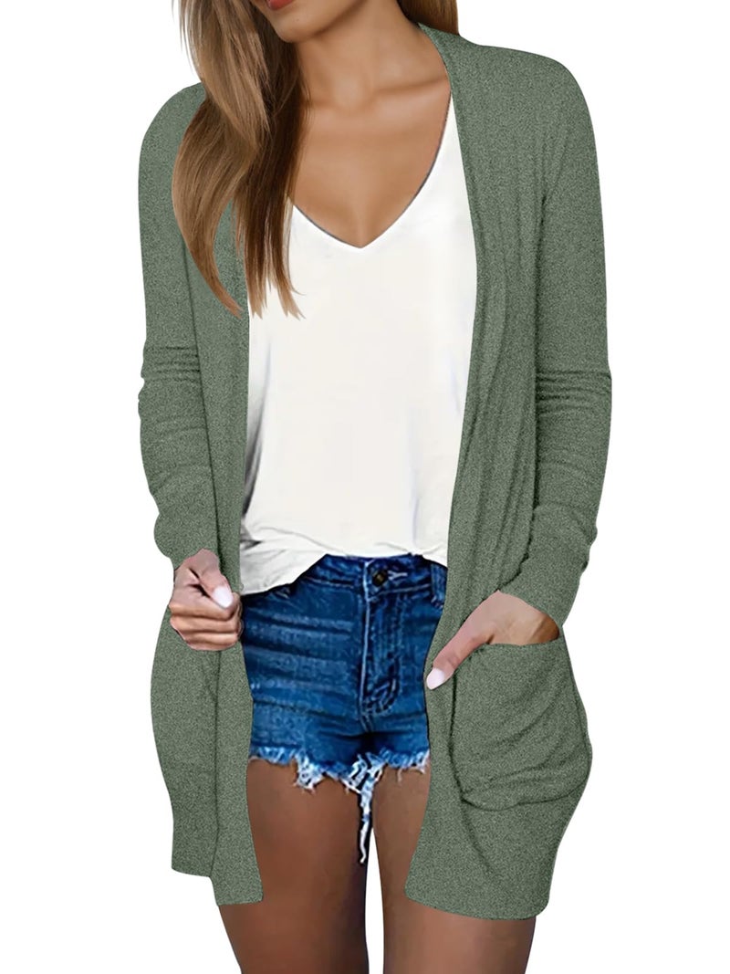 DB MOON Womens Long Cardigan Light Weight Sweater Long Sleeve Lightweight Open Front Fall Outfits with Pockets Gray Green - Image 1