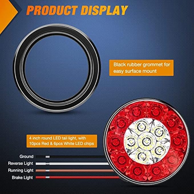 ELECDON 4 مصابيح خلفية دائرية حمراء وبيضاء LED للمقطورة، 16 مصباح LED مع حلقات تثبيت مسطحة، مقاومة للماء IP67، ضوء توقف الفرامل، تشغيل الضوء الخلفي للشاحنات والمقطورات والمركبات الترفيهية، قطعتان - Image 5