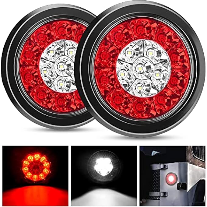 ELECDON 4 مصابيح خلفية دائرية حمراء وبيضاء LED للمقطورة، 16 مصباح LED مع حلقات تثبيت مسطحة، مقاومة للماء IP67، ضوء توقف الفرامل، تشغيل الضوء الخلفي للشاحنات والمقطورات والمركبات الترفيهية، قطعتان - Image 1