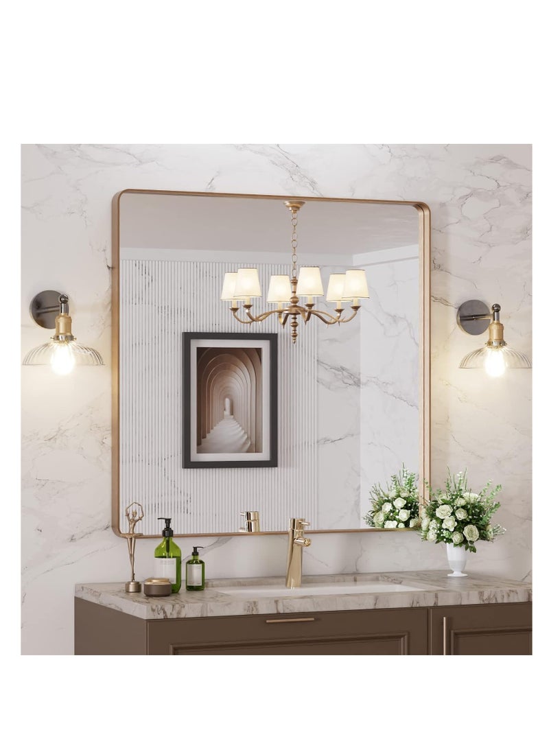 Generic - Gold bathroom mirror, rounded rectangular gold frame mirror, brushed gold bathroom vanity mirror wall-mounted, rust-proof, tempered glass, horizontal or vertical hanging (70*70cm) - Image 1