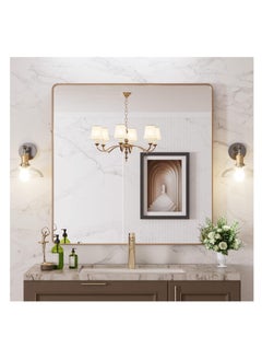 Gold bathroom mirror, rounded rectangular gold frame mirror, brushed gold bathroom vanity mirror wall-mounted, rust-proof, tempered glass, horizontal or vertical hanging (70*70cm)