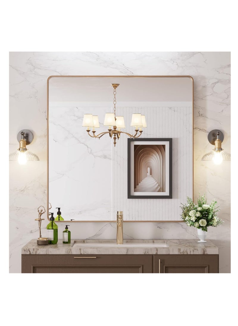 Generic - Gold bathroom mirror, rounded rectangular gold frame mirror, brushed gold bathroom vanity mirror wall-mounted, rust-proof, tempered glass, horizontal or vertical hanging (70*70cm) - Image 1