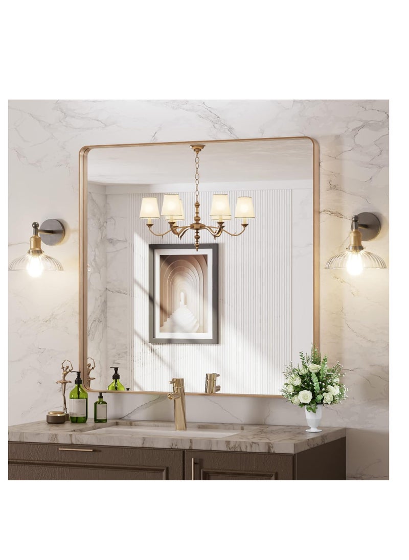 Generic - Gold bathroom mirror, rounded rectangular gold frame mirror, brushed gold bathroom vanity mirror wall-mounted, rust-proof, tempered glass, horizontal or vertical hanging (70*70cm) - Image 1