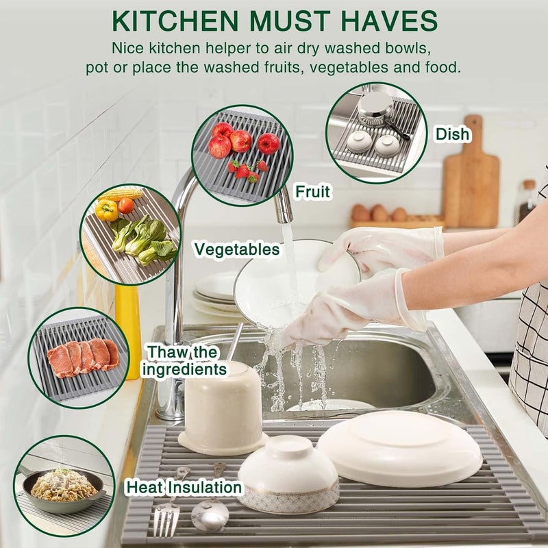 HANZENMA Roll Up Dish Drying Rack Over The Sink Kitchen Roll Up Sink Drying Rack Multipurpose Foldable Sink Drying Mat HeatResistant AntiSlip  AntiRust Dish Rack for Kitchen 205 x 13 Grey - Image 3