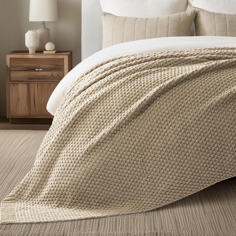 EVERGRACEHOME Chunky Chenille Knit Throw Blanket for Couch, Soft Luxurious Oversized King Moss Stitch Blanket for Bed, Large Cozy Farmhouse Knitted Throw for Sofa, Sand Dune, 92" x 108" - Image 4