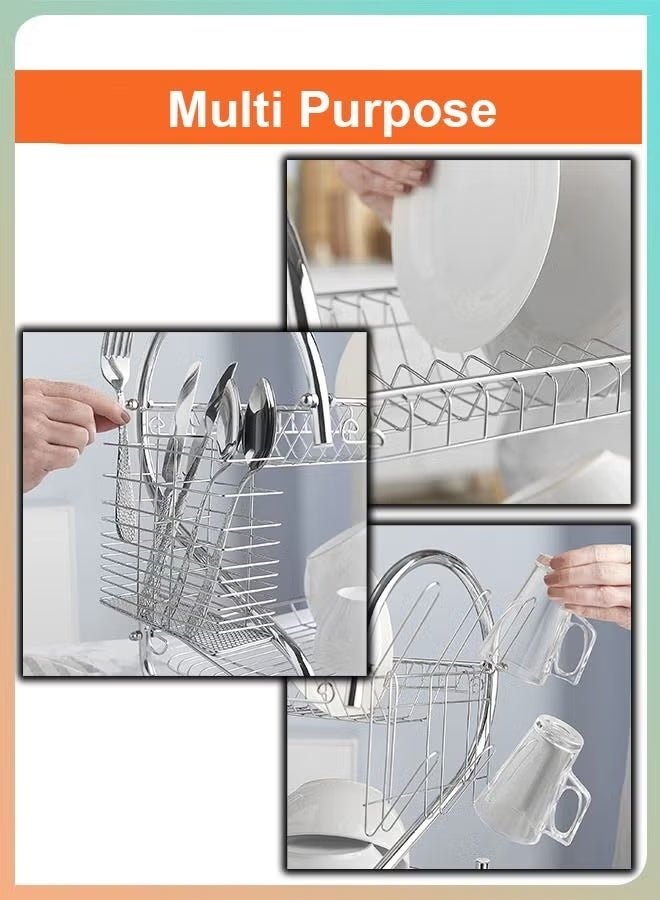 توشيونيكس منظم أطباق فوق الحوض مكون من طبقتين، حامل أطباق، حامل تجفيف أدوات المائدة، لوح تجفيف مع صينية تنقيط - Image 3