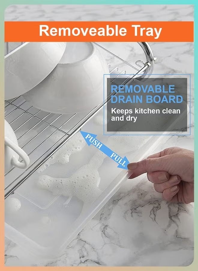 توشيونيكس منظم أطباق فوق الحوض مكون من طبقتين، حامل أطباق، حامل تجفيف أدوات المائدة، لوح تجفيف مع صينية تنقيط - Image 2