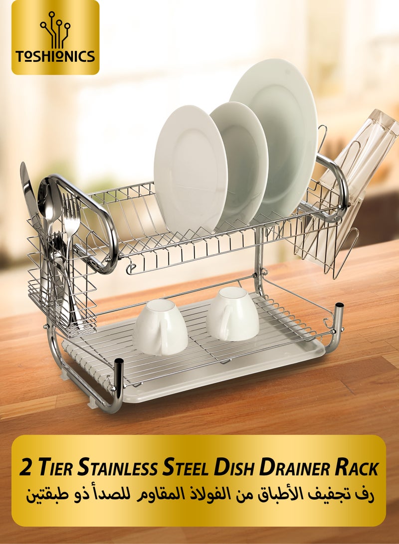 توشيونيكس منظم أطباق فوق الحوض مكون من طبقتين، حامل أطباق، حامل تجفيف أدوات المائدة، لوح تجفيف مع صينية تنقيط - Image 1