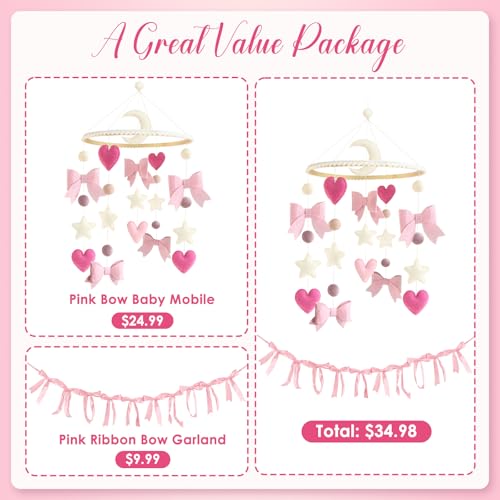 Teeloray Pink Bow Baby Crib Mobile with Pink Ribbon Bow Garland Banner Handmade Coquette Birthday Party Decorations Bow Nursery Decor Girls Bedroom Hanging Mobile for Baby Shower Newborn Gifts - Image 4
