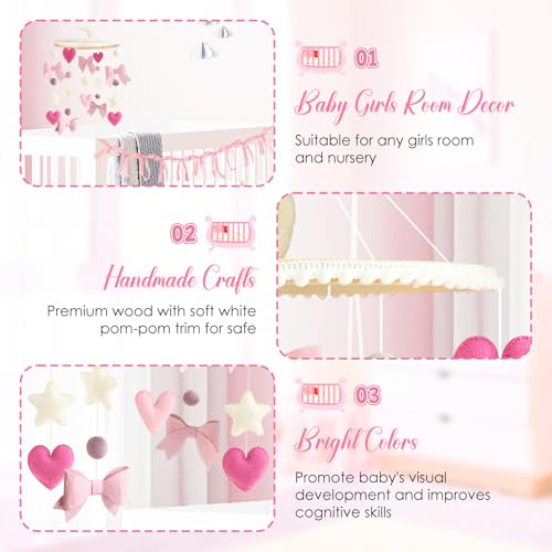 Teeloray Pink Bow Baby Crib Mobile with Pink Ribbon Bow Garland Banner Handmade Coquette Birthday Party Decorations Bow Nursery Decor Girls Bedroom Hanging Mobile for Baby Shower Newborn Gifts - Image 5