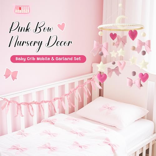 Teeloray Pink Bow Baby Crib Mobile with Pink Ribbon Bow Garland Banner Handmade Coquette Birthday Party Decorations Bow Nursery Decor Girls Bedroom Hanging Mobile for Baby Shower Newborn Gifts - Image 2