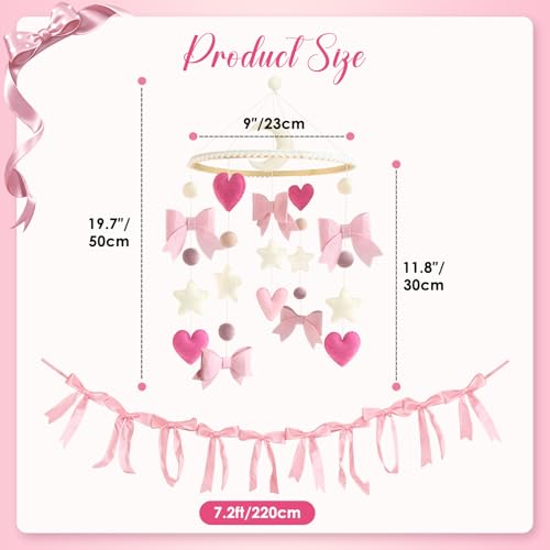 Teeloray Pink Bow Baby Crib Mobile with Pink Ribbon Bow Garland Banner Handmade Coquette Birthday Party Decorations Bow Nursery Decor Girls Bedroom Hanging Mobile for Baby Shower Newborn Gifts - Image 3