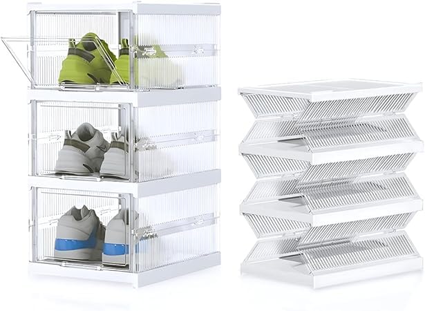 LEVGRY Foldable Shoe Rack Organizer for Closet 12Pairs Shoe Storage Box Plastic Stackable Shoe Box with Clear Door Quick Assembly Folding Shoes Cabinet Bins with Lids Large