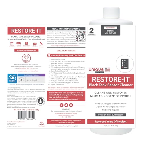 Unique Restore-It RV Black Tank Sensor Cleaner Liquid - Cleans and Restore Misreading Sensor Probes by Removing Stuck-On Waste - 2 Treatments Per Bottle (32 oz) - Image 2